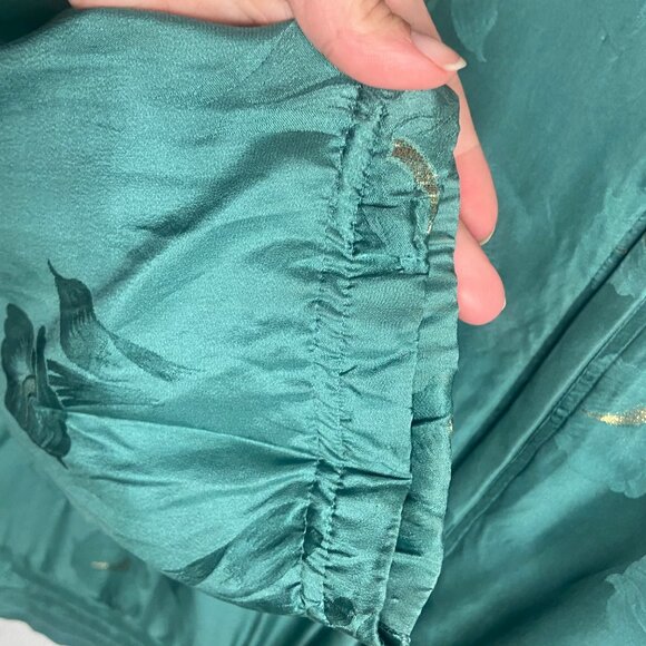 Vintage Abvien Size M Silk Bomber Jacket Green Metallic Gold Floral Full Zip 80s - Picture 8 of 8